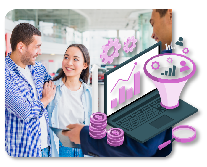 A man and a woman are standing in front of a laptop computer.