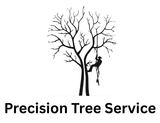 Silhouette of arborist in a tree, with Precision Tree Service text below.
