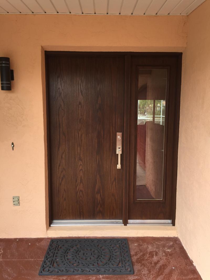 Dark Wood Fiberglass Door with clear sidelite