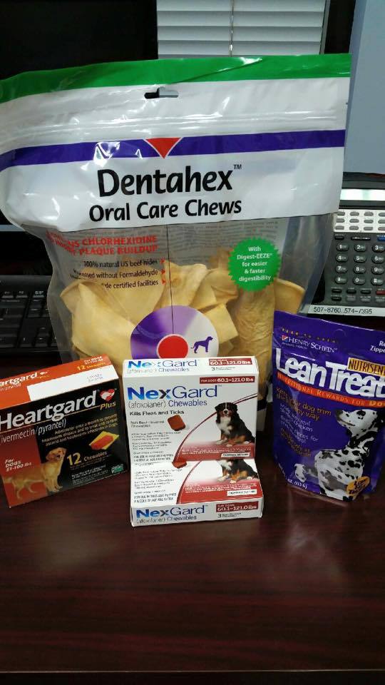 Dog Care package including food, treats, cones, wormer & flea medication