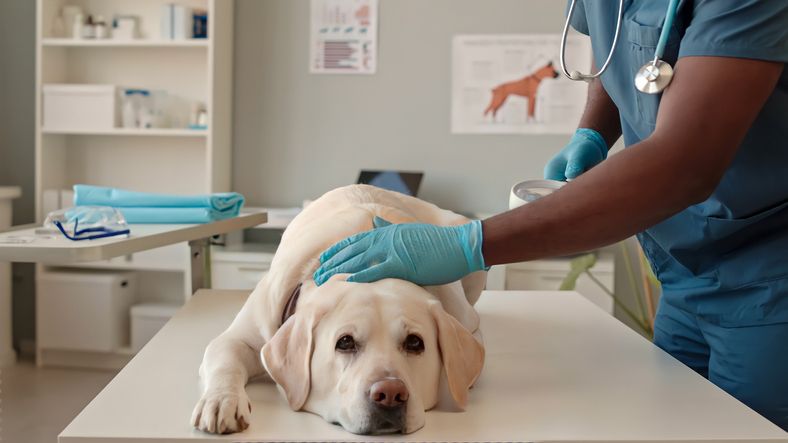 White Dog Being Examined by Veterinaria