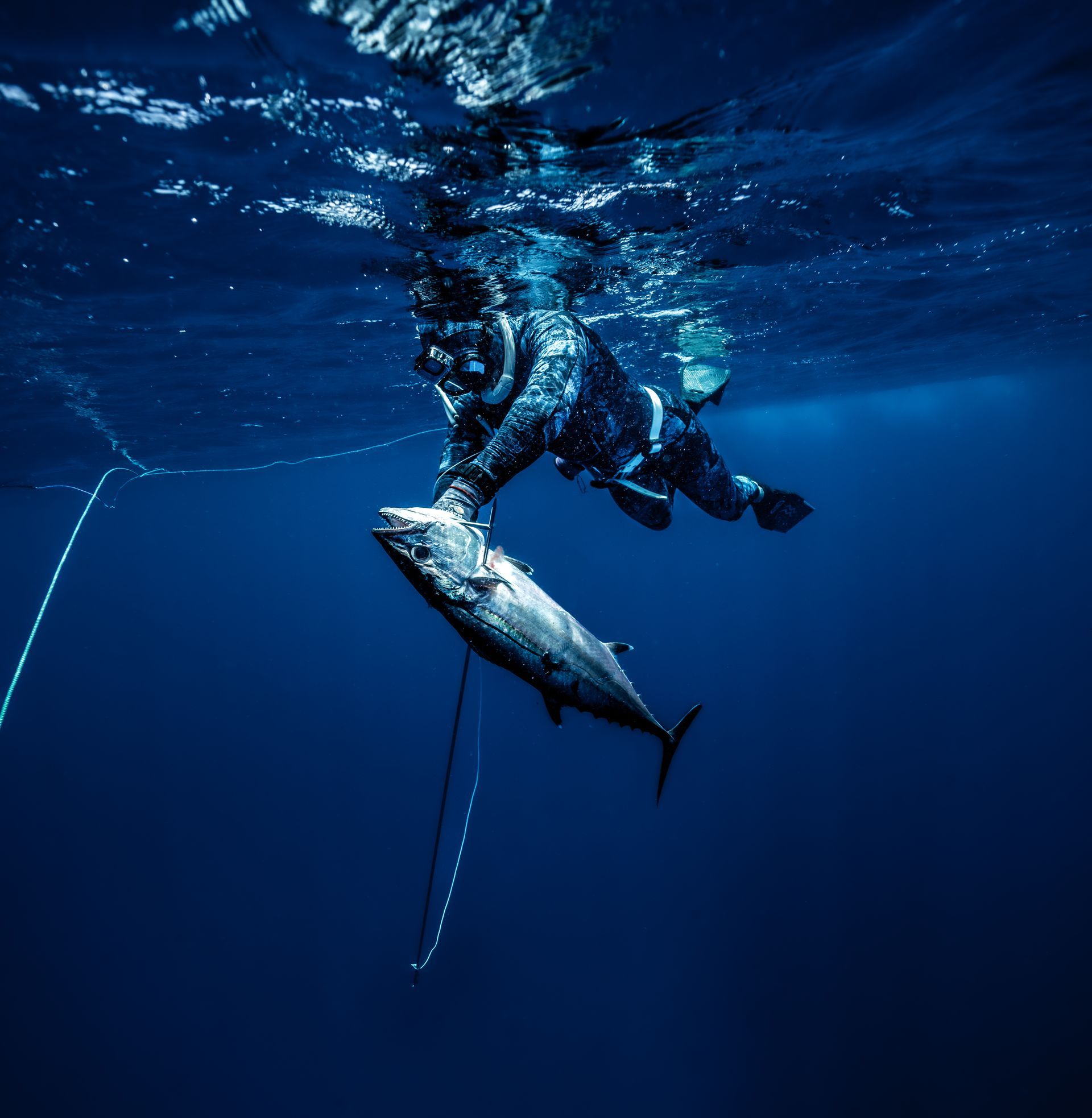 A man is holding a large fish in the ocean