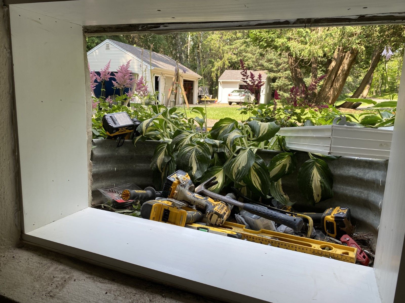 A window with a view of a garden and a house in the background.