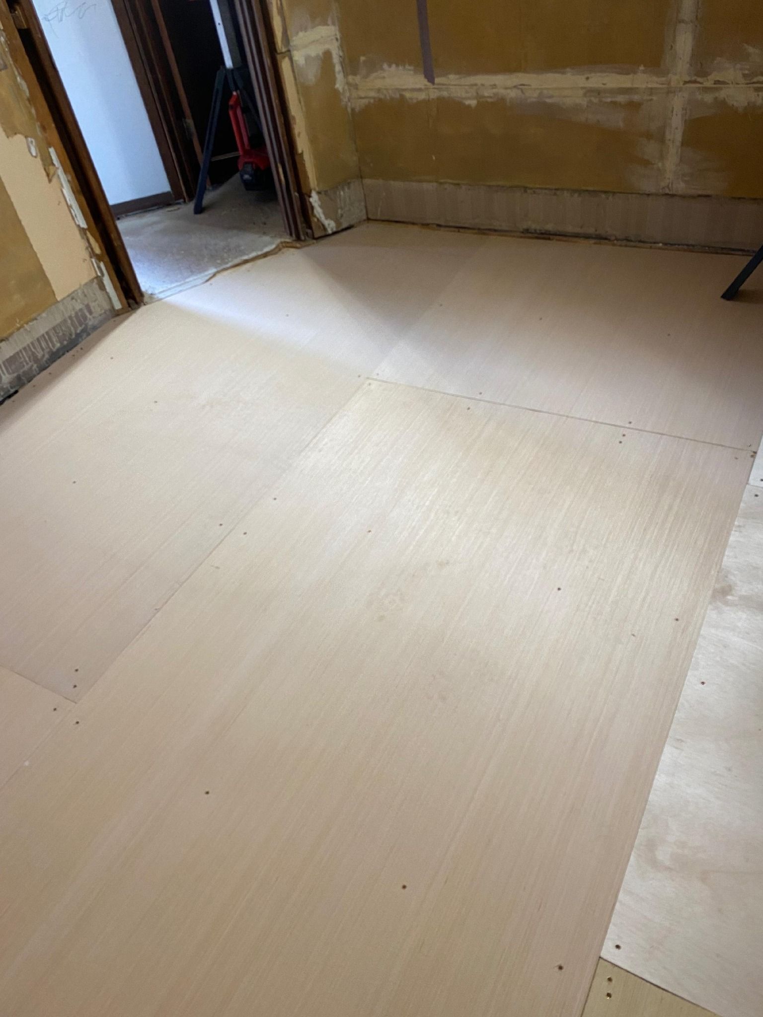 A room with a wooden floor and a door.