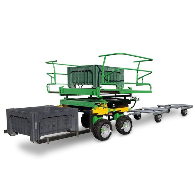 Vagón y tractor eléctricos para recolección de fruta y transporte de contenedores de fruta. Línea Verde de Euro Green Tech