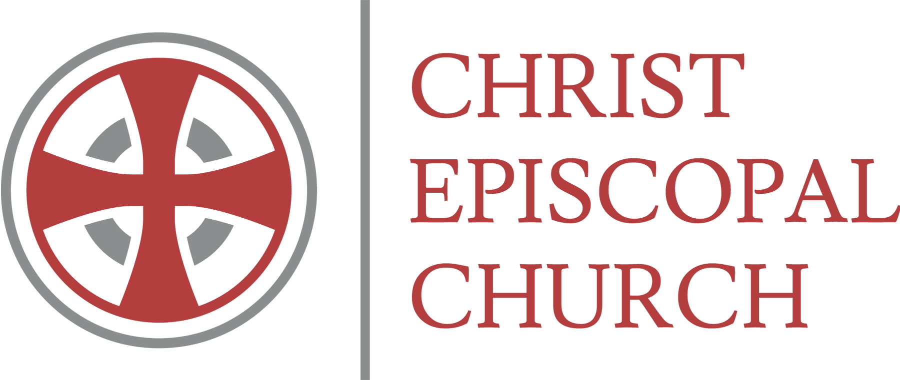 Logo for Christ Episcopal Church, featuring a red cross inside a grey circle next to the church name in red text.