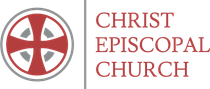 Logo for Christ Episcopal Church, featuring a red cross inside a grey circle next to the church name in red text.