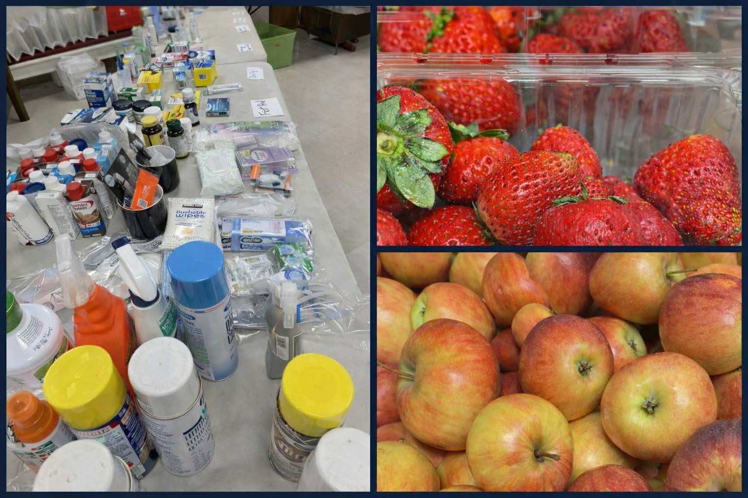 A collage showing a table covered with various household items, a container of strawberries, and a pile of apples.