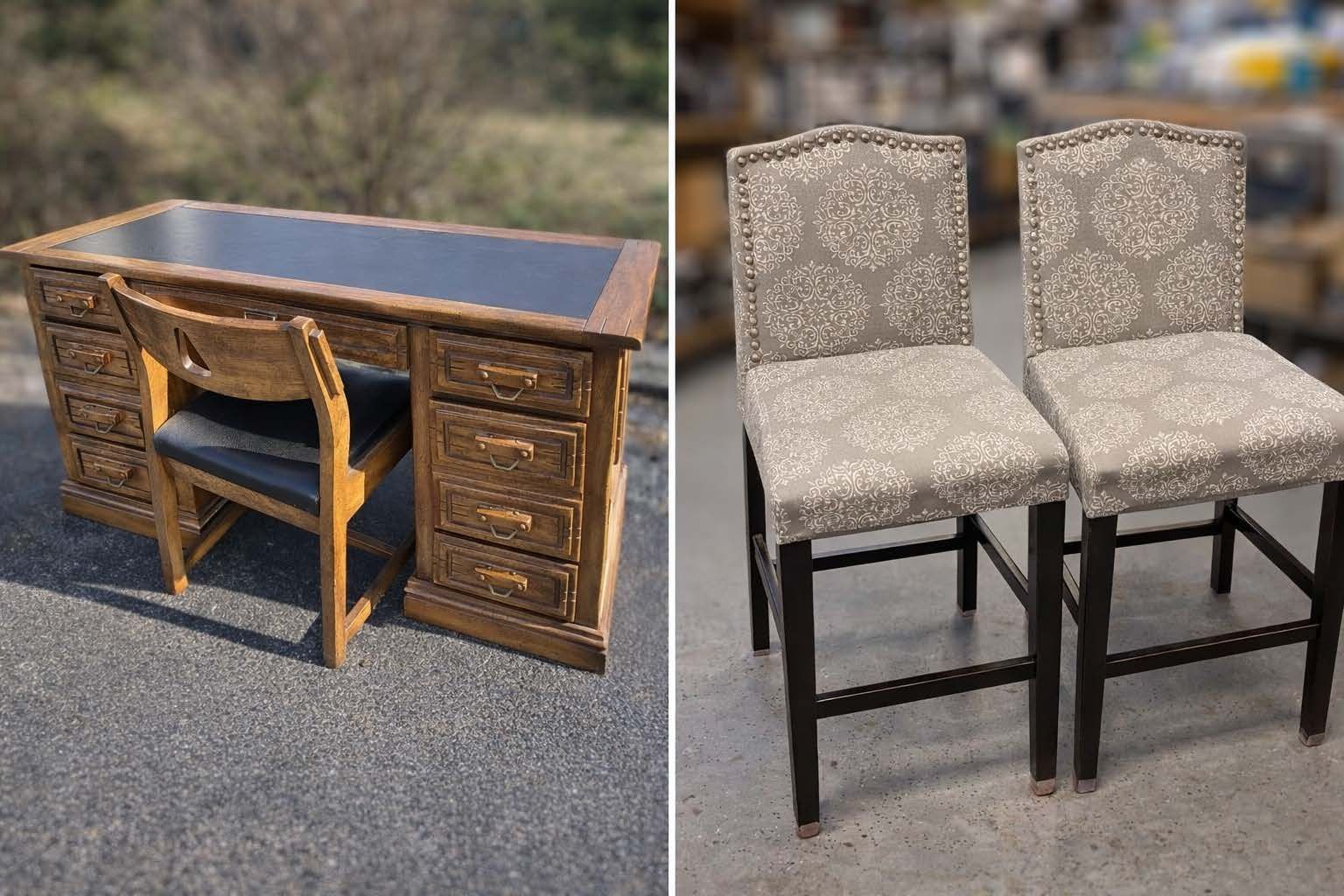 A split view showing a wooden desk with a matching chair on the left, and two upholstered bar stools on the right.