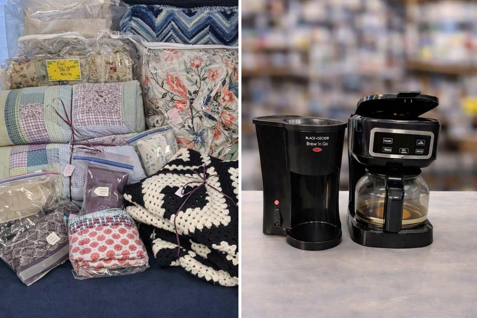 A split view showing a pile of various linens and blankets on the left and two black coffee makers on the right.