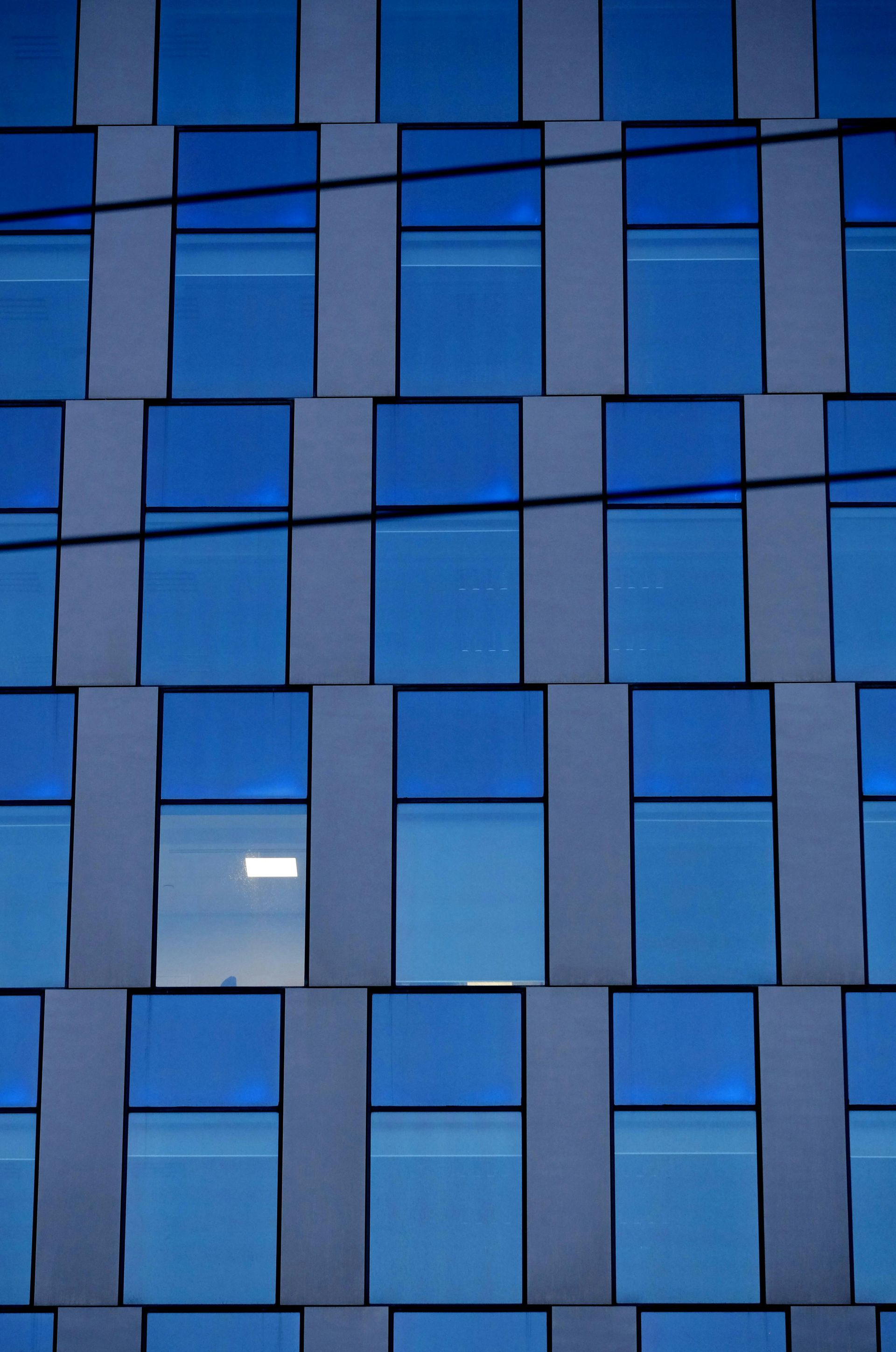 Man cleaning windows on a building with a long-handled brush; blue sky in the background.
