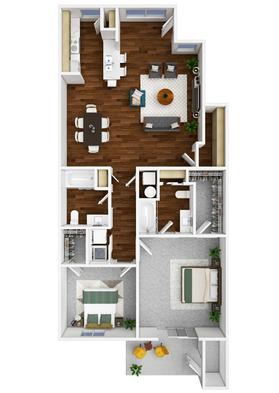 A 3D floor plan of a house.