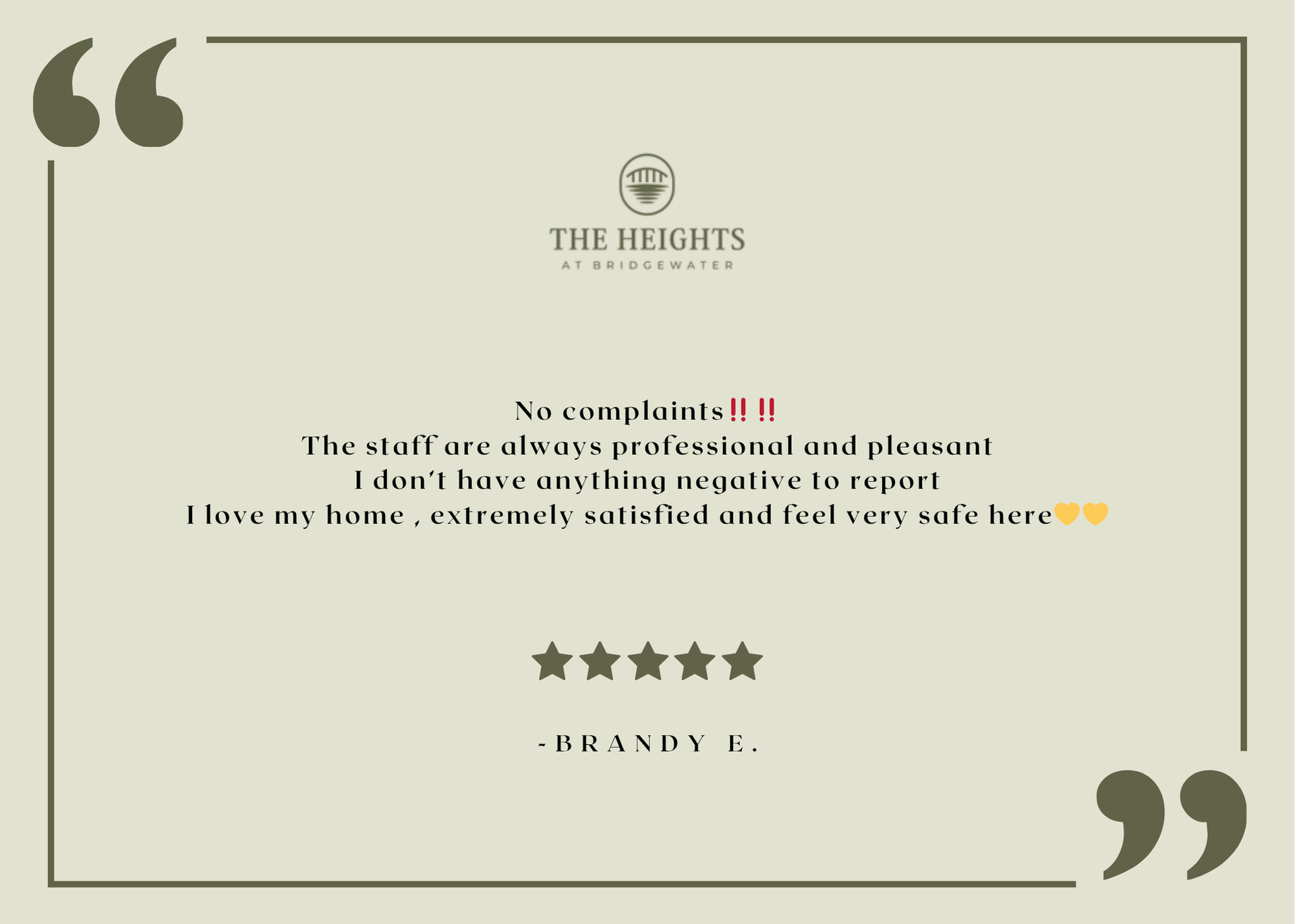 The Heights at Bridgewater resident testimonial graphic with logo and five-star review.