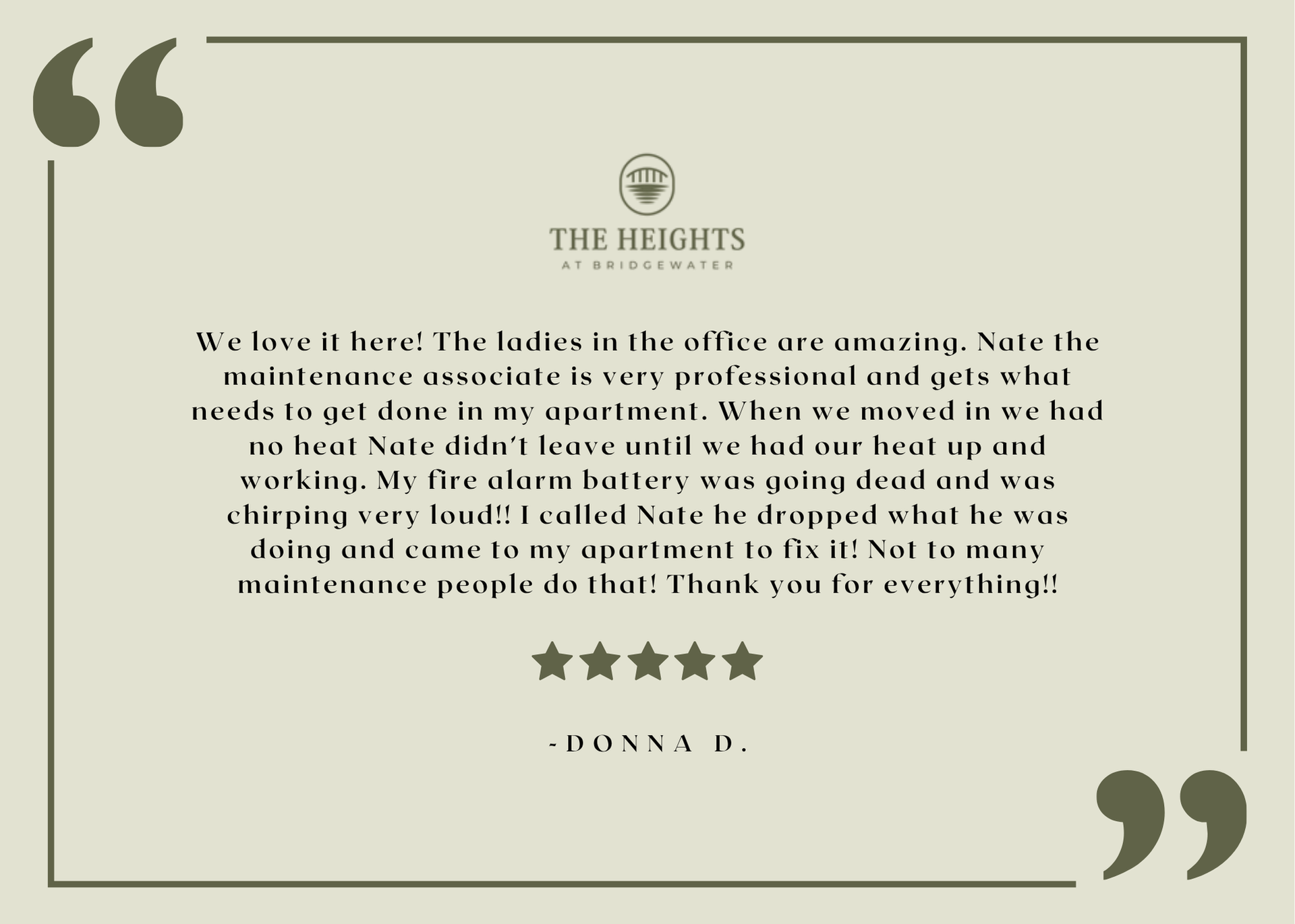 The Heights at Bridgewater resident testimonial graphic with logo and five-star review.