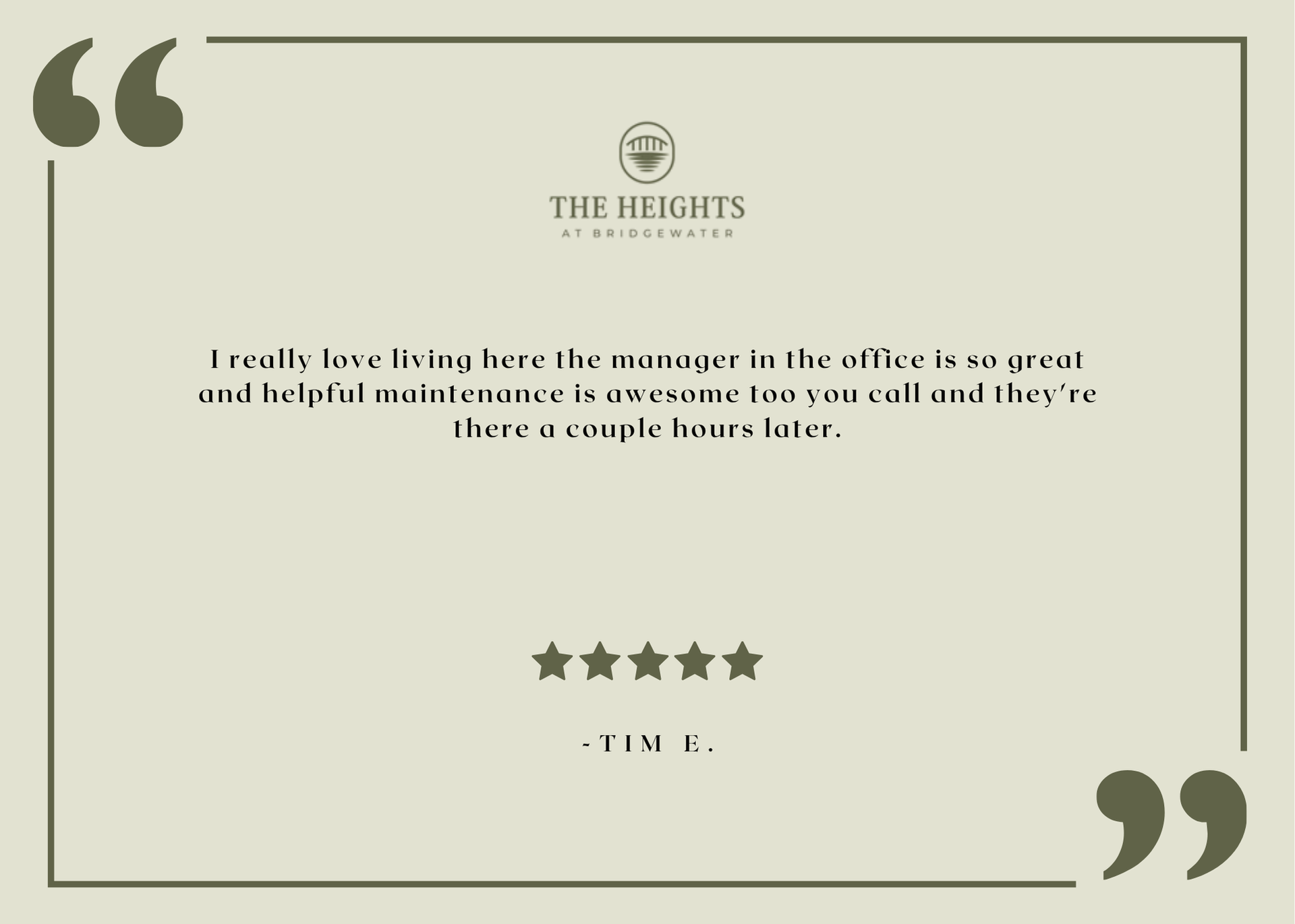 The Heights at Bridgewater resident testimonial graphic with logo and five-star review.