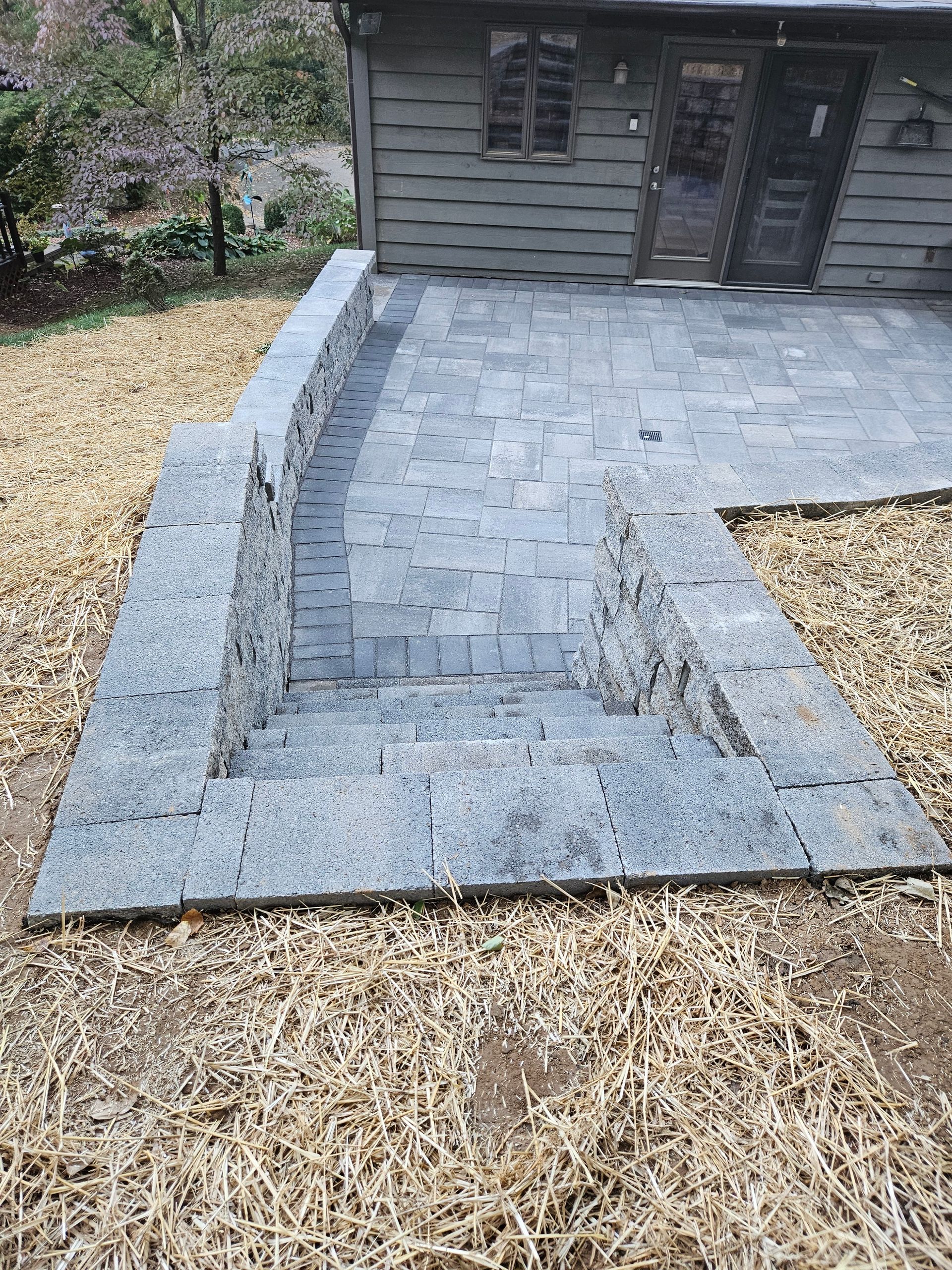 Stone patio with steps leading down from a building with a dark door, surrounded by dry vegetation.