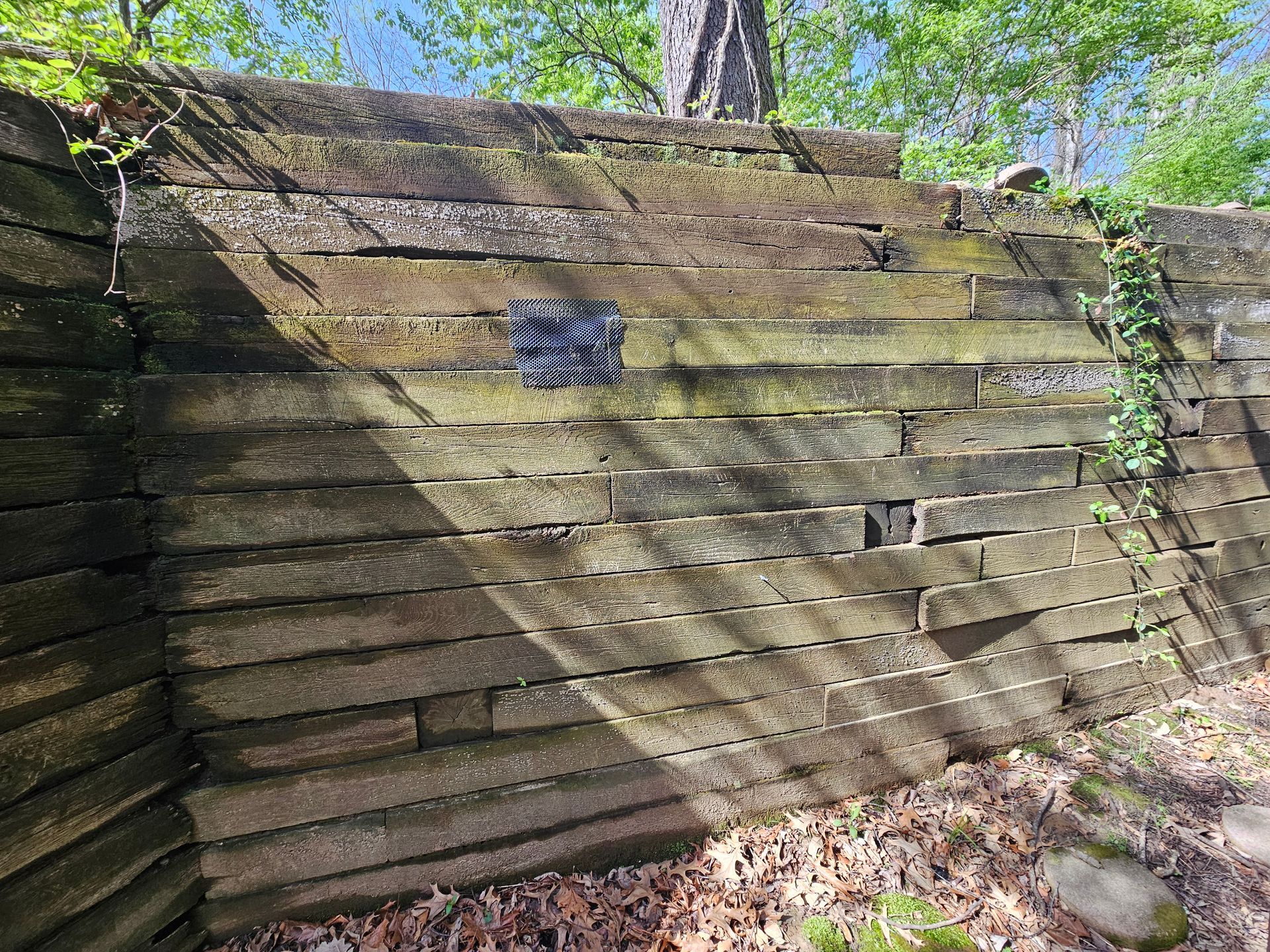 Old, moss-covered brick retaining wall in a wooded area; graffiti visible.