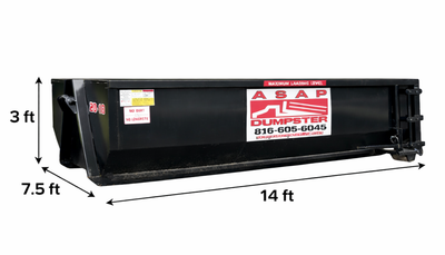 Black dumpster with dimensions: 14 ft long, 7.5 ft wide, and 3 ft high.
