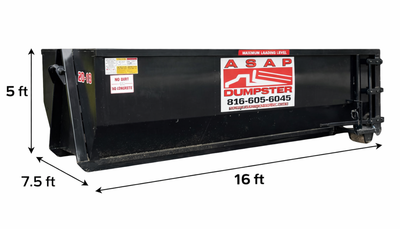 Black dumpster with red and white logo; dimensions: 16 ft long, 7.5 ft wide, 5 ft tall.