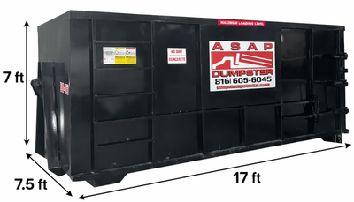 Black dumpster with dimensions: 17 ft long, 7 ft high, 7.5 ft wide.