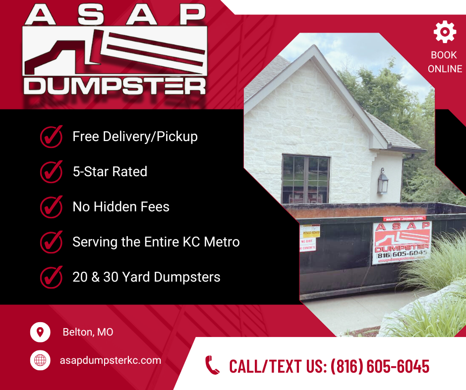 ASAP Dumpster rental Overland Park KS, roll off dumpster in driveway, offering 20 and 30 yard dumpsters, free delivery and pickup, no hidden fees, serving Kansas City metro.
