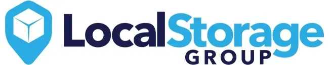 Logo of Local Storage Group, featuring a blue location pin with a cube inside and the company name.