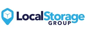 Logo for Local Storage Group. Features a blue location pin with a cube inside, and text.