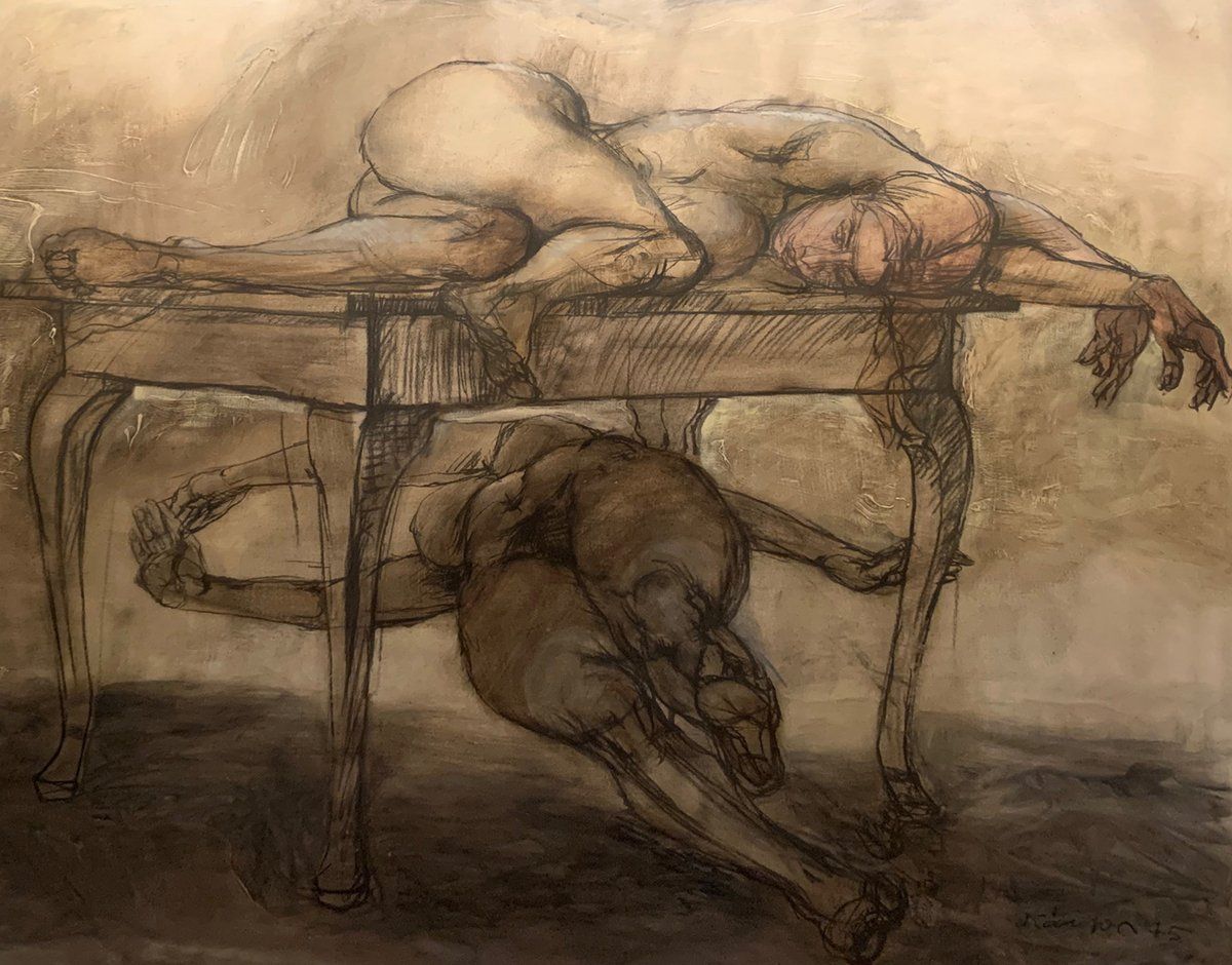 Zwei Figuren mit Tisch, 1975, Öl/Leinwand, 150 x 130