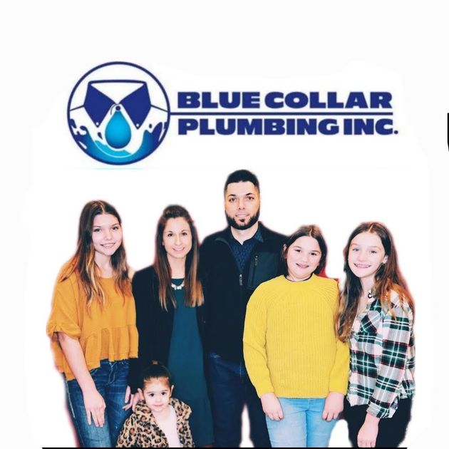 A blue collar plumbing inc. logo with a family posing for a picture