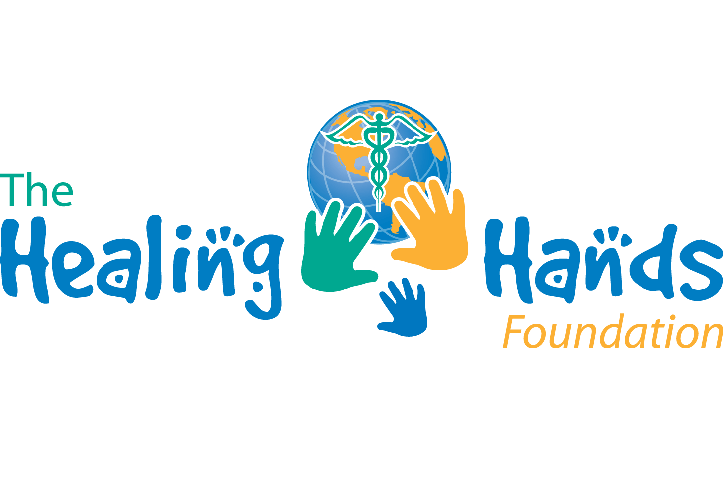 The logo for the healing hands foundation shows two hands holding a globe.