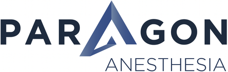 A logo for paragon anesthesia with a blue triangle on a white background.