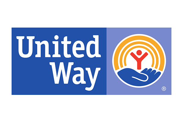 A united way logo with a hand holding a person and a rainbow.