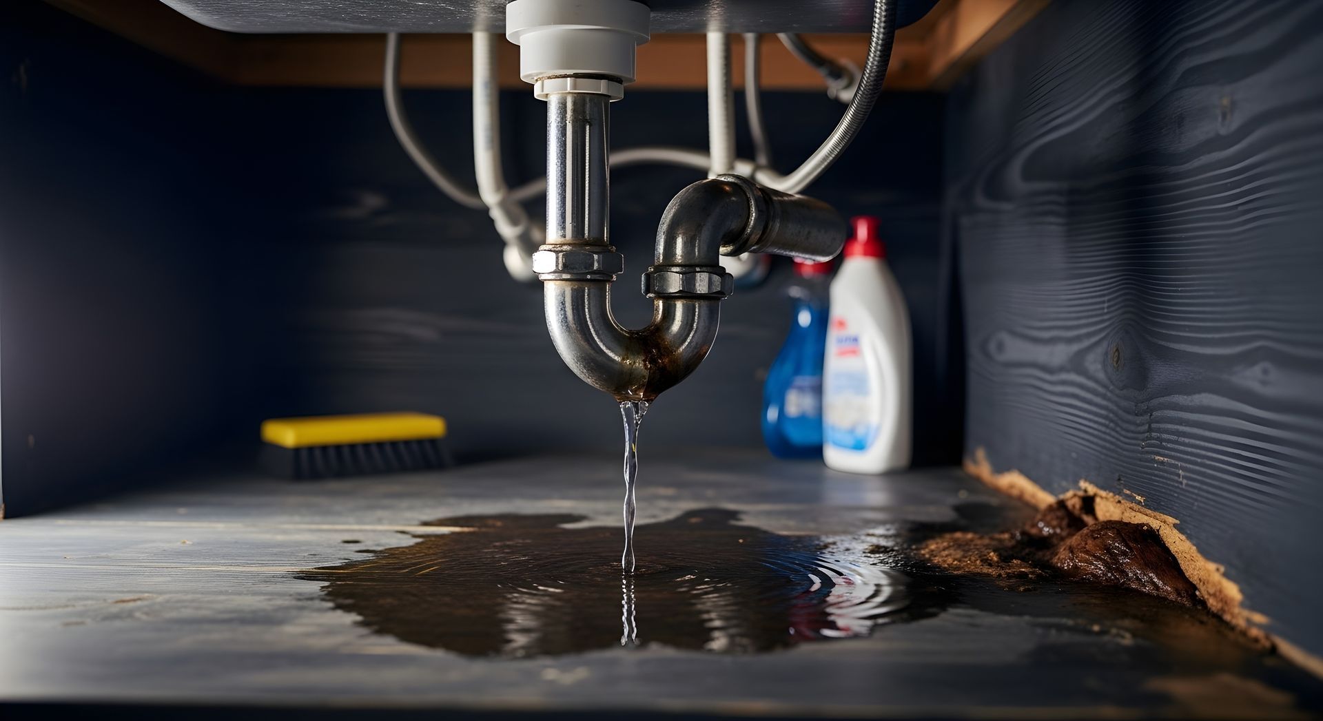 Severe plumbing leak dripping from a kitchen sink P-trap onto a damaged wooden cabinet floor.