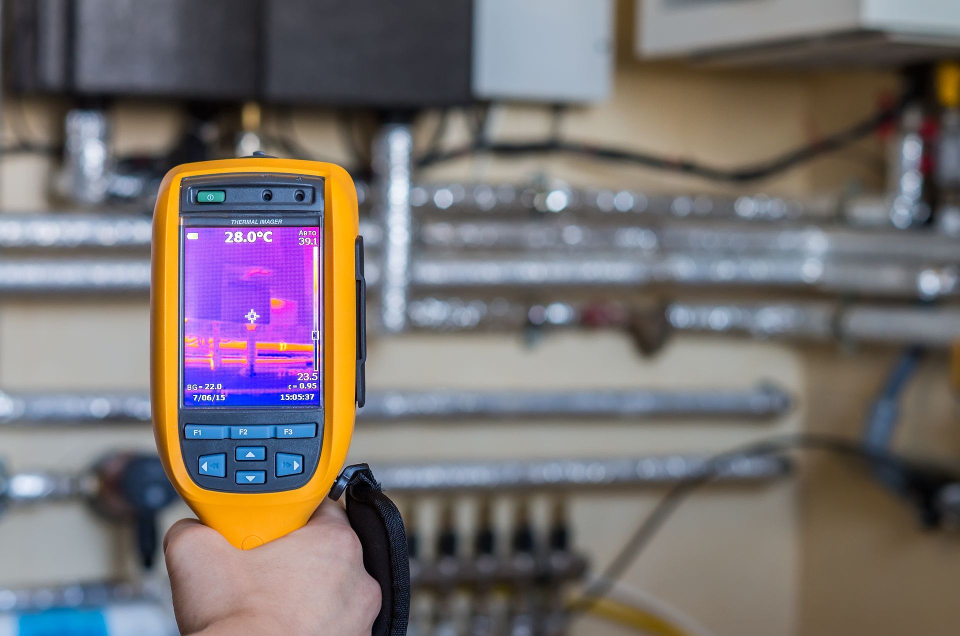 Thermal imaging inspection of heat system with tubes at house. Thermal imaging inspection of heat system with tubes at house.