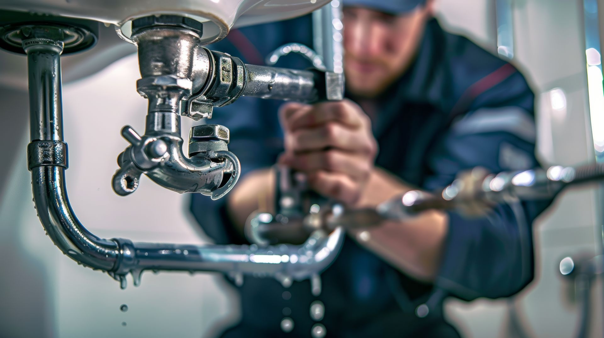 A professional plumber repairing a dripping plumbing leak underneath a bathroom sink.