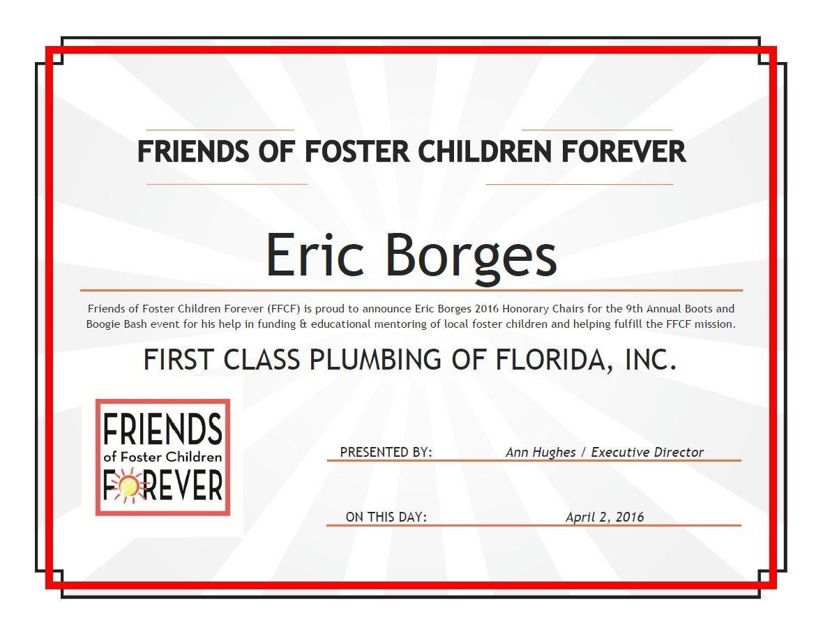 Friends Of Foster Children Forever Certificate — Naples, FL — First Class Plumbing of Florida, Inc.