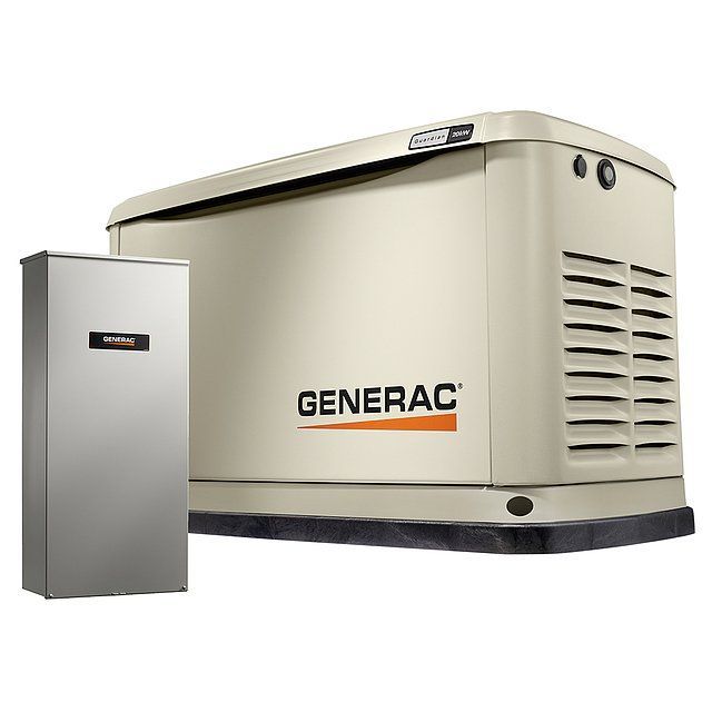 Beige Generac home generator with a silver automatic transfer switch.