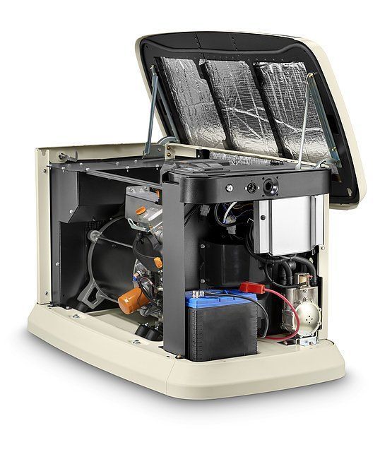 Beige standby generator with open cover, revealing engine and battery.