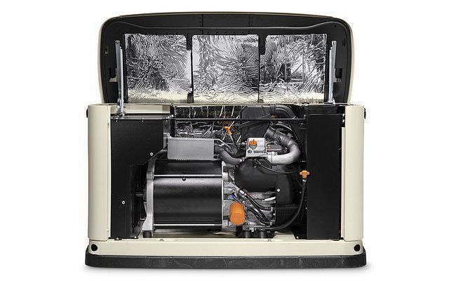Generator with open top, showing internal components, metal insulation, and beige casing.