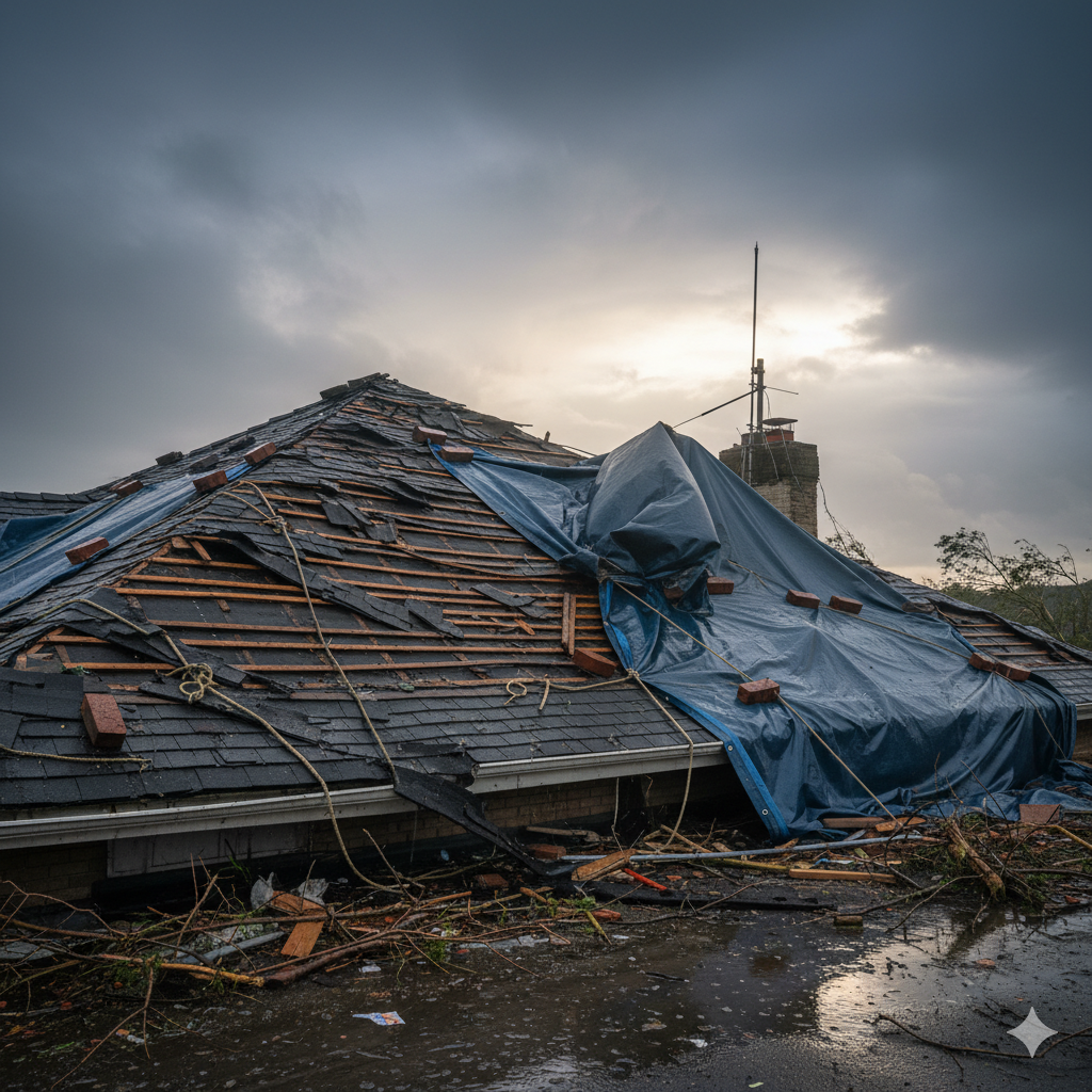 Damaged roof covered by blue tarp after a storm, cloudy sky.
