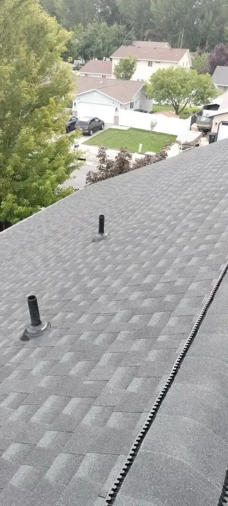 View of a gray shingled roof with two vent pipes and a house-filled neighborhood.