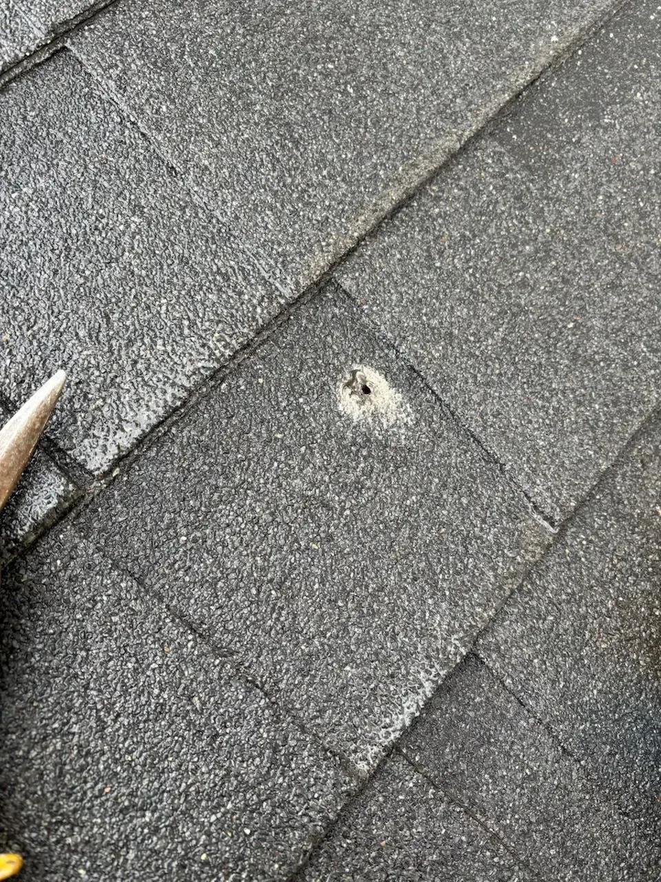 Damaged asphalt shingle on a roof, with a hole and debris.