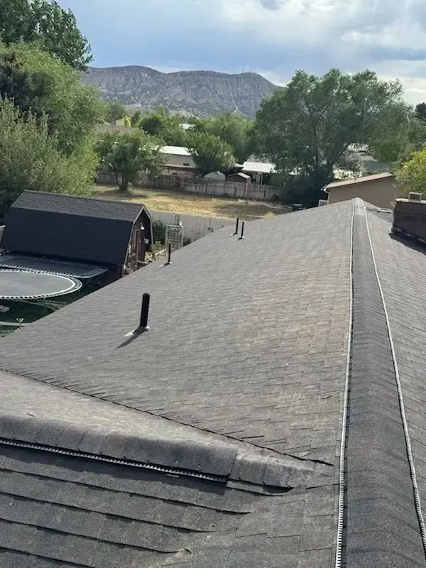 A rooftop with dark shingles, vents, and a view of trees, houses, and mountains under a cloudy sky.