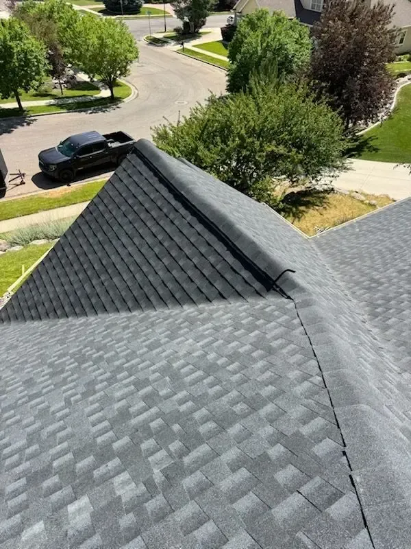 Overhead view of a gray shingled roof with a black ridge cap, surrounded by a suburban neighborhood.
