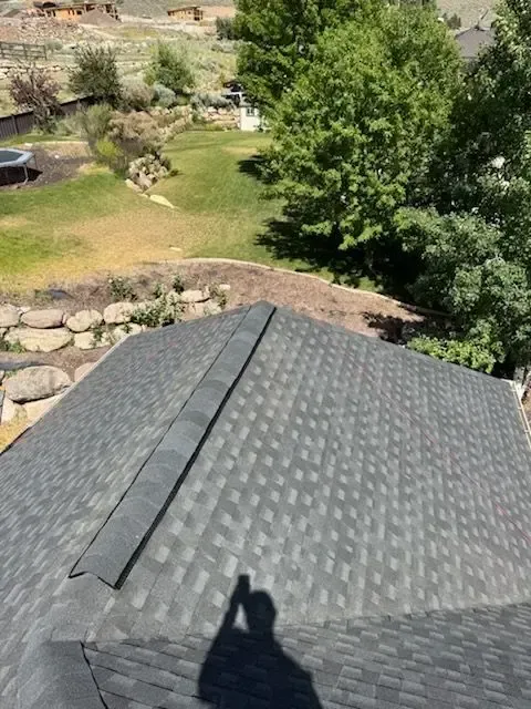 Dark gray asphalt shingle roof with a ridge, a shadow of a person taking the photo, overlooking a backyard.