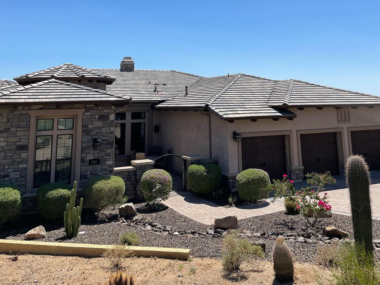 A large house with a cactus in front of it.
