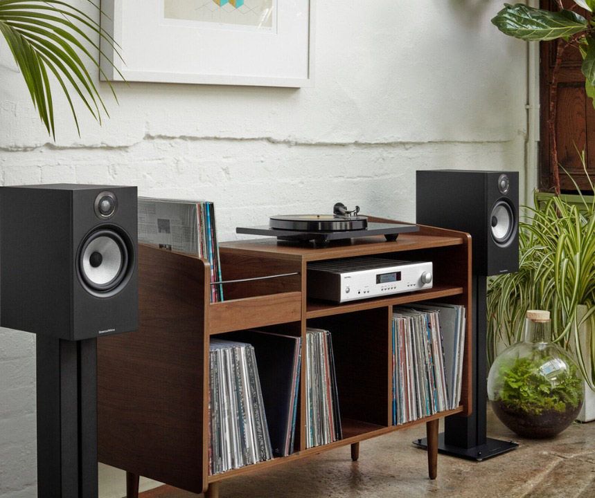 A Record Player is Sitting on Top of a Wooden Shelf Next to Two Speakers — Complete Audio in Gympie, QLD