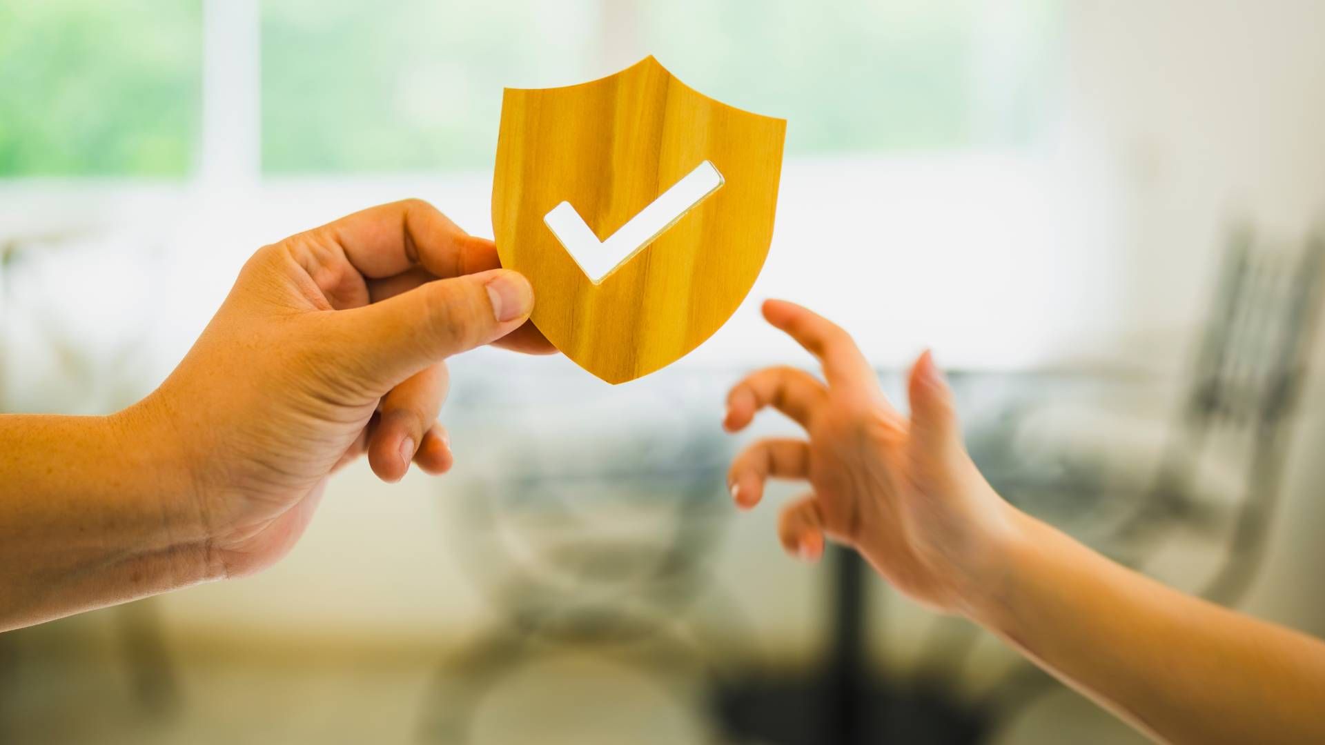 A man and a child are holding a paper shield with a check mark on it.