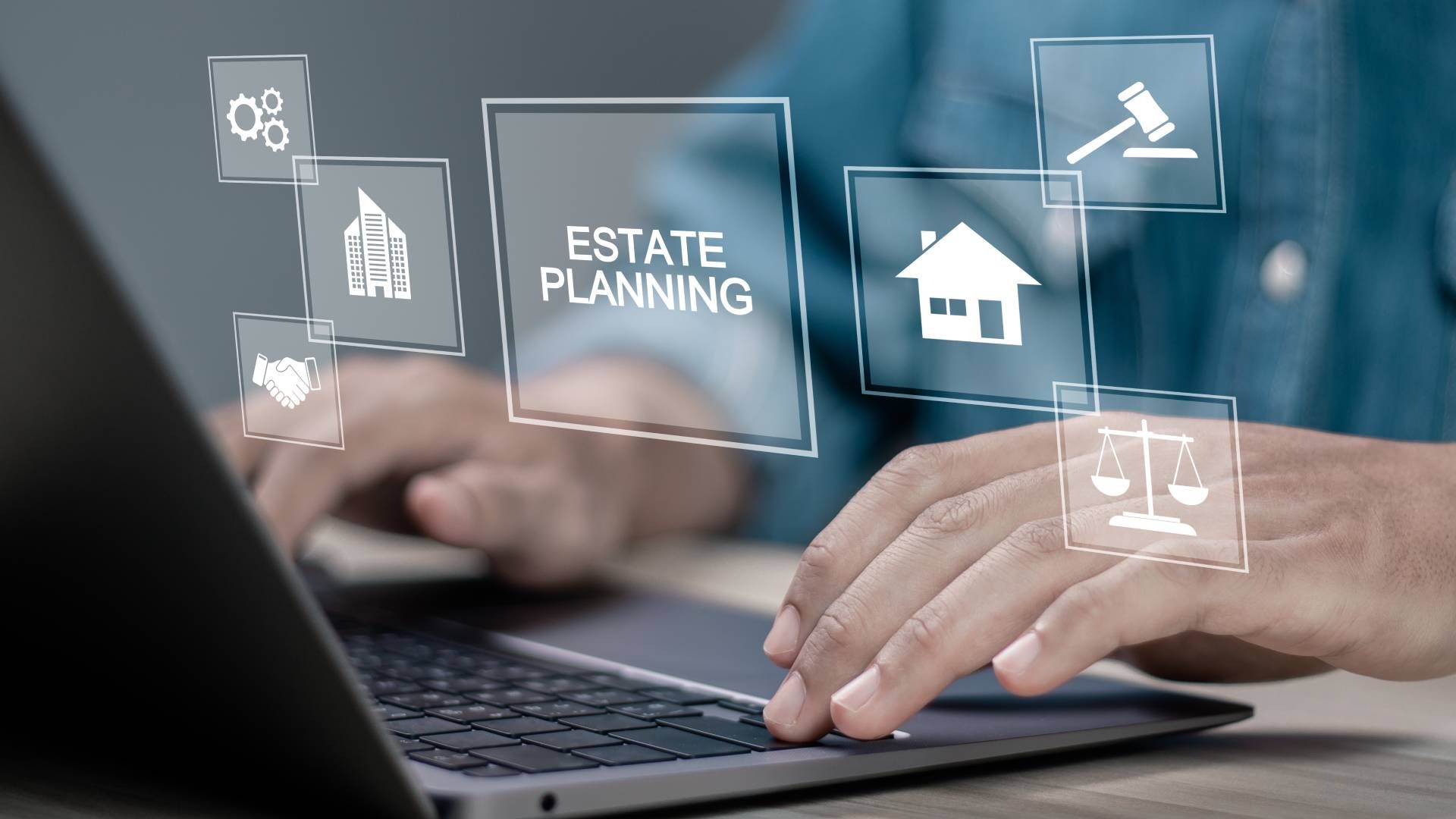 A person is typing on a laptop computer with estate planning icons coming out of the screen.
