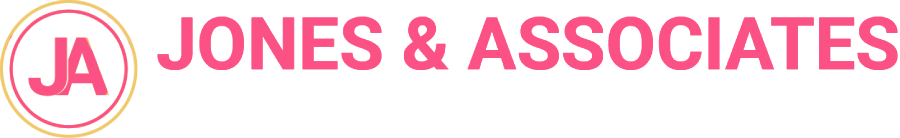 The logo for ja jones & associates is pink and white